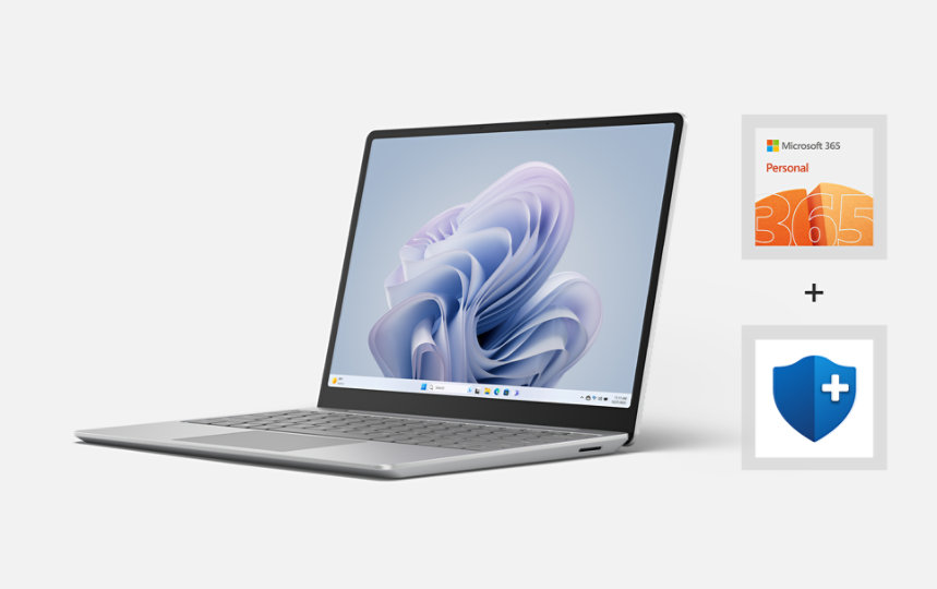 A Surface Laptop Go 3 with a Microsoft 365 Personal subscription and a Microsoft Complete Protection Plan.