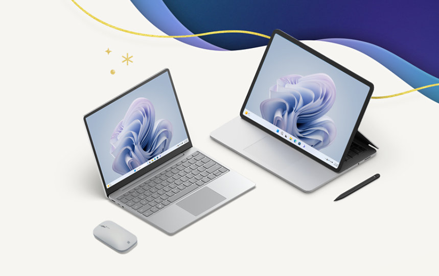 A Surface Laptop Go 3 with Modern Mobile Mouse, a Surface Laptop Studio 2 with Slim Pen 2. 