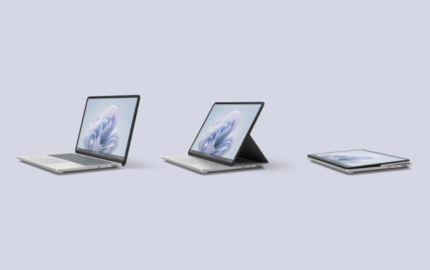 A Surface Laptop Studio 2 for Business in Laptop Mode, a Surface Laptop Studio 2 for Business in Stage Mode, and a Surface Laptop Studio 2 for Business in Studio Mode. 