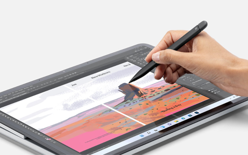 A close-up view of a person drawing on the screen of a Surface device.