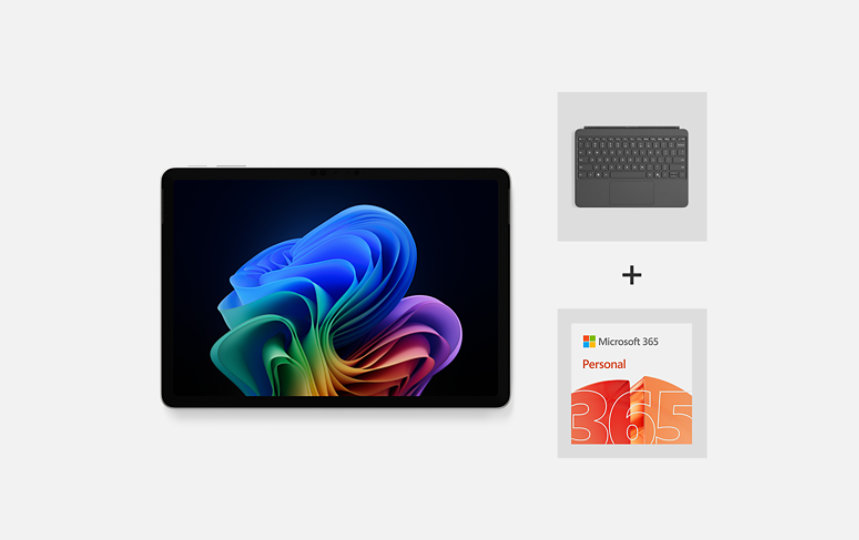 A 12-inch Surface Pro, Copilot+ PC, bundled with a Slate Surface Pro Keyboard and Microsoft 365 Personal.