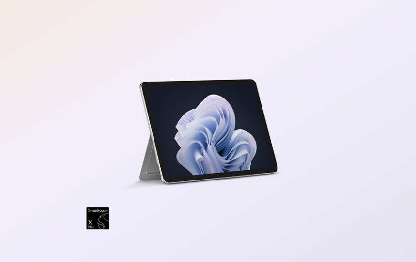 An angled view of Surface Pro for Business, 12-inch | Snapdragon shows the kickstand engaged.