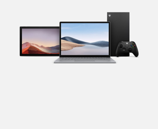 A Microsoft Surface Pro 7, Laptop 4 and Xbox Series X.