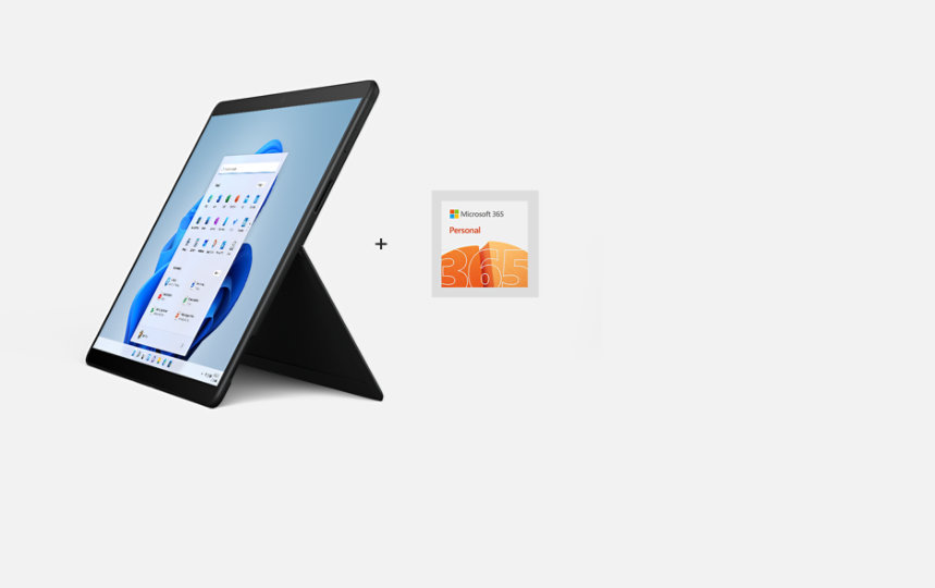 Une Surface Pro X sur son pied Microsoft 365 et son plan de protection Microsoft Complete.