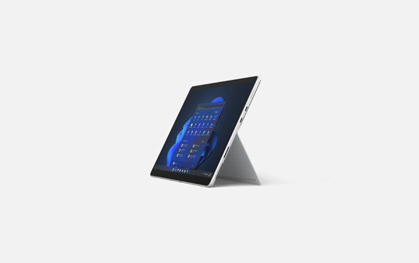 A Surface Pro 8 for Business in platinum on kickstand with Windows 11 on screen.