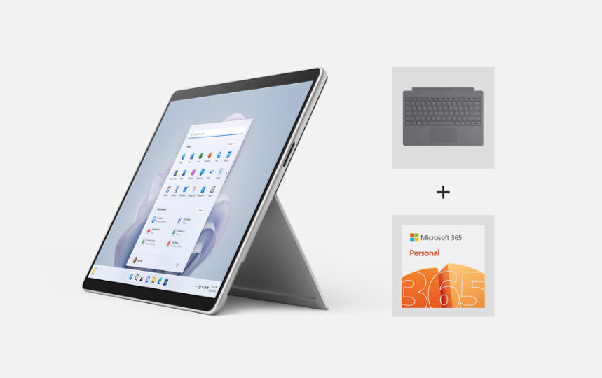 Vista angolare di Surface Pro 9 aperto con tastiera Surface Pro Signature Keyboard e logo Microsoft 365 Personal accanto. 