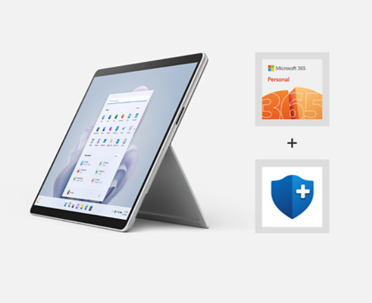 開かれた状態の Surface Pro 9 を斜めから見た図と、その横にある Microsoft 365 Personal と Microsoft Complete のロゴ。 