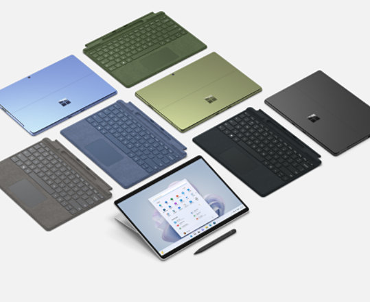 Surface Pro 9 devices in multiple colours.