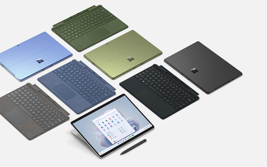 여러 가지 색으로 제공되는 Surface Pro 9 디바이스.