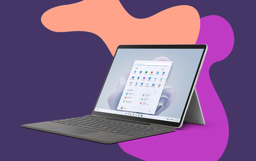 A platinum Surface Pro 9 tablet with a matching Signature Keyboard.