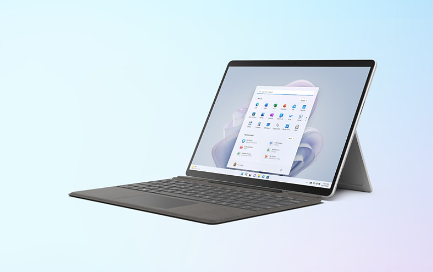 A Surface Pro 9 in Sapphire with a Pro Signature Keyboard in Sapphire.