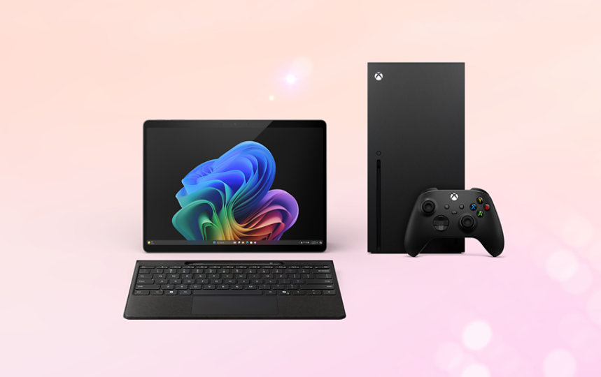 Un tablet Surface Pro con una tastiera Surface Pro Flex Keyboard e una penna Slim Pen e una Xbox Series X.