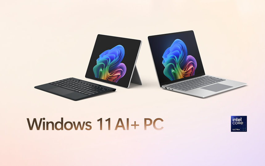 一个Laptop, Windows 11 AI+ PC在图片中间