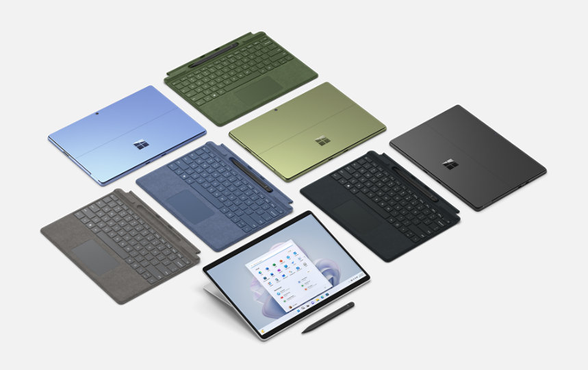 Surface Pro Signature Keyboard with Slim Pen 2 devices in a variety of colours.