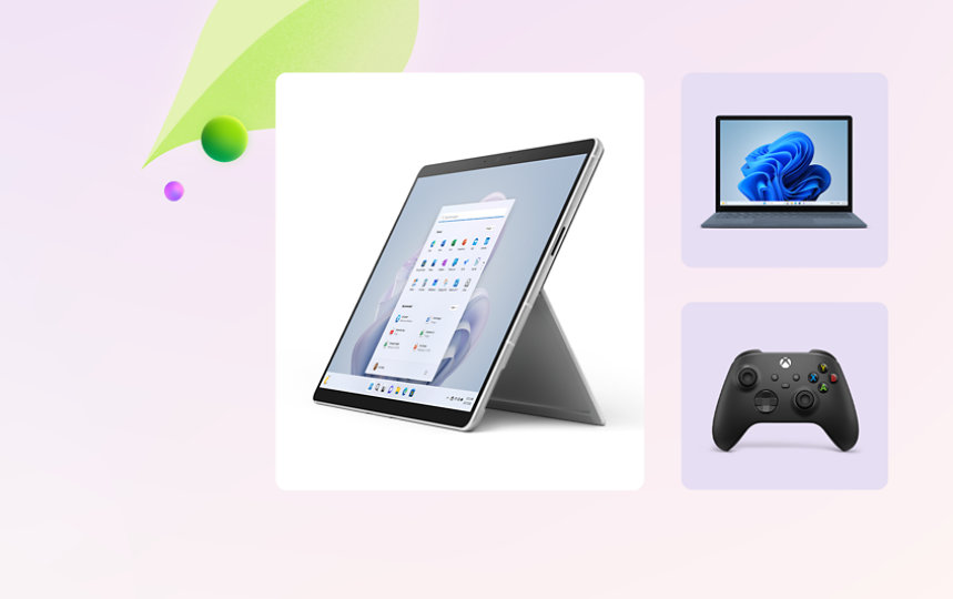 Surface Pro 9, Surface Laptop 4 und ein Xbox Controller.