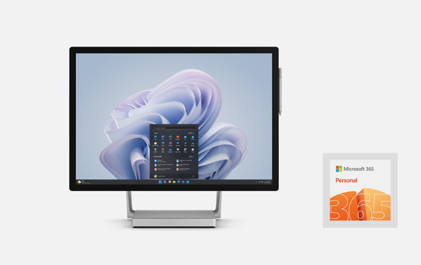 A front view of Surface Studio 2+ with mouse and the Microsoft 365 Personal and Microsoft Complete logos next to it. 