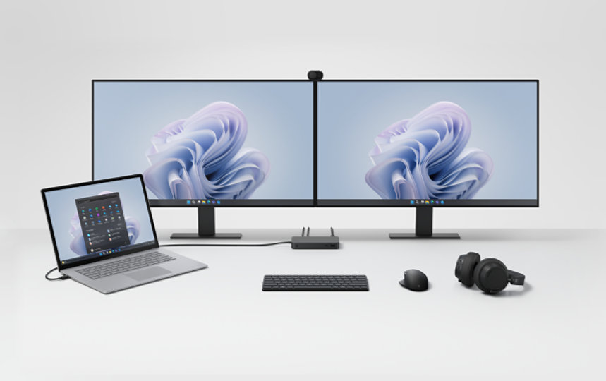 A desktop set-up shows Surface Thunderbolt™ 4 Dock for Business connected to other Surface devices and accessories. 