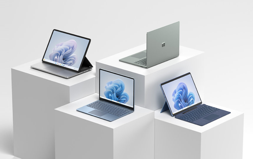 Familia de portátiles Surface con Laptop Studio 2, Laptop Go 3 en Ice Blue, Laptop 5 en Sage y Pro 9 en Sapphire.