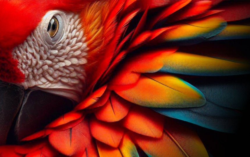 A close up of the face of a scarlet macaw.