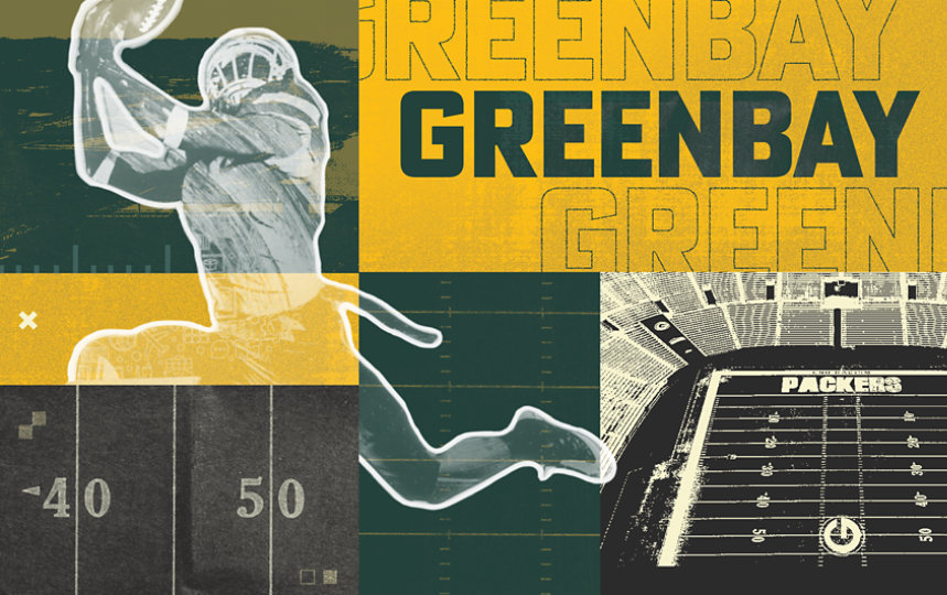 A collaged illustration of a football player and the Green Bay Packers' stadium, Lambeau Field.