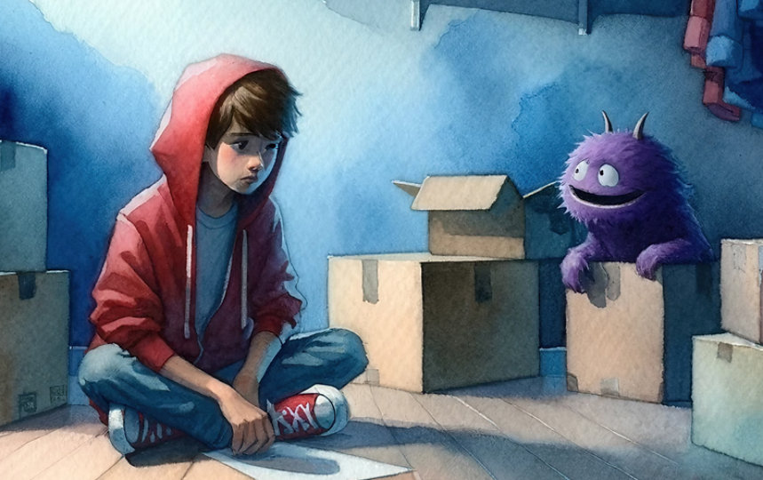A boy anxiously watches a little purple monster grinning at him.