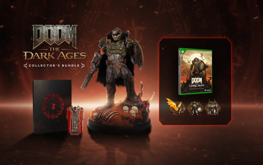 DOOM: The Dark Ages Collector’s Bundle, including a 12” DOOM Slayer Statue, a Red Key Card replica in a SteelBook® Case, a game disc with premium content, and digital bonuses.