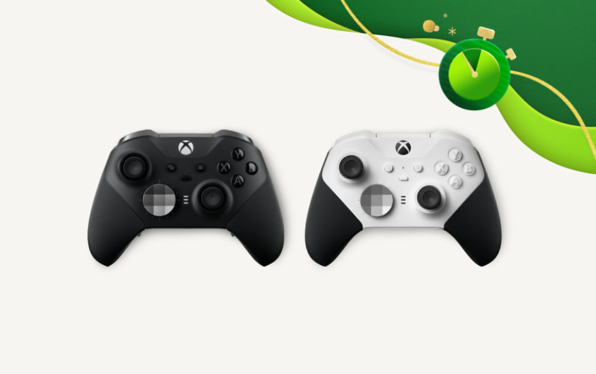 Zwei Xbox Wireless Elite-Controller der Serie 2 in Schwarz und Weiß.