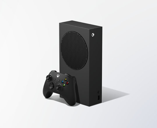 Right angle front view of the Xbox Series S - 1TB (Black) in front of a grey background.