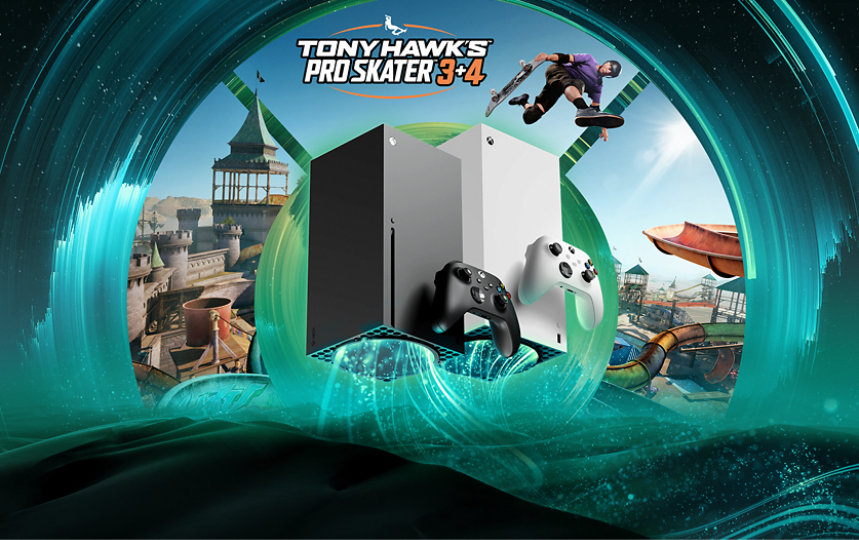 Two Xbox Series X consoles in black and white with Tony Haw's Pro Skater 3+4.