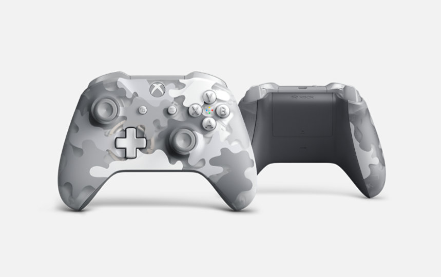 Front and rear views of the Xbox Wireless Controller - Arctic Camo Special Edition.