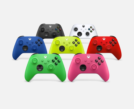 A group of Xbox Wireless Controllers in a wide variety of colours.