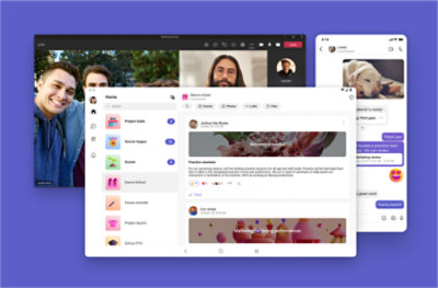 Three panels showing a Teams video call, someone viewing a dance school Teams community, and a mobile display of a chat in Teams