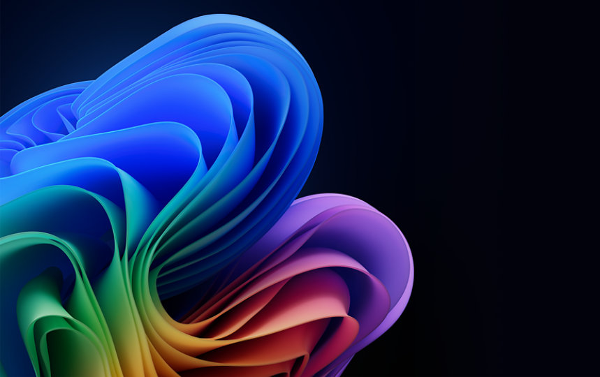 A rainbow ribbon shape shifting into a bloom design