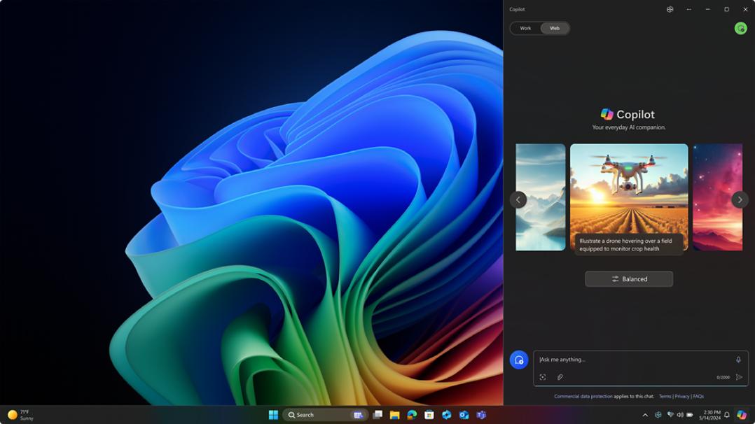 Windows 11 Pro bloom desktop screen with Copilot pane pop out on right side.