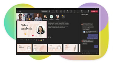 A Teams call showing 9 participants with their video on, 9 participants with video off, and a presenter in the bottom right corner with video on.