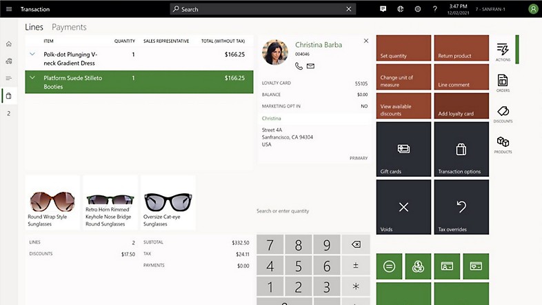 Customer information and purchase options in Dynamics 365 Commerce.