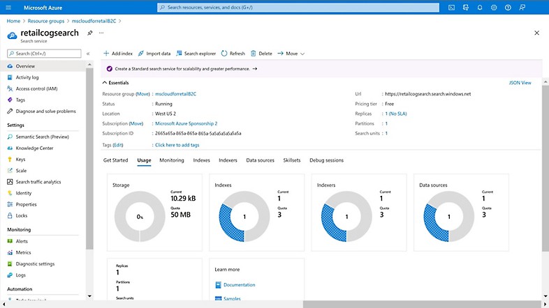 An overview dashboard of usage data in Azure Cognitive Search.
