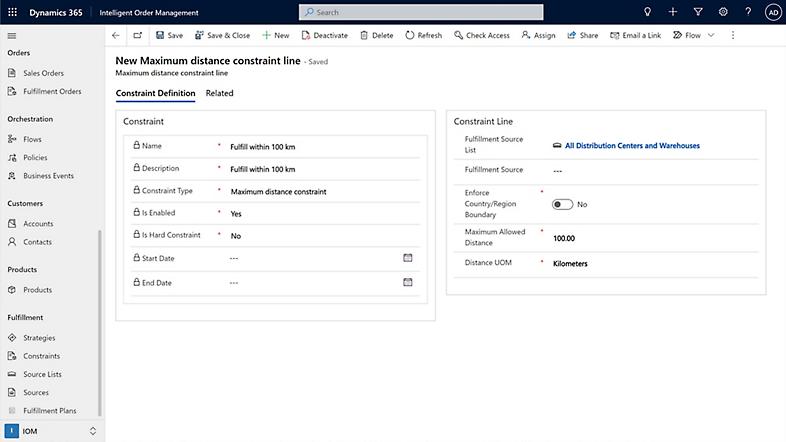 Information about a constraint line in Dynamics 365 Intelligent Order Management.
