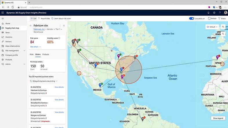 A supply chain map in Dynamics 365 Supply Chain Insights.