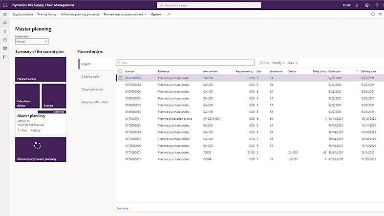 A list of planned orders in Dynamics 365 Supply Chain Management.