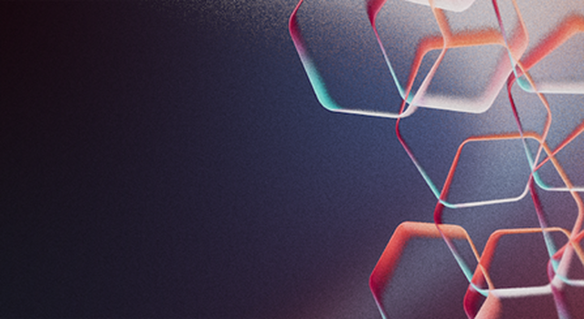 Grauer Banner mit vielen bunten Hexagon auf der rechten Seite.