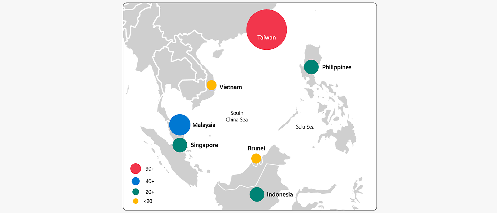 Map of South China Sea region highlighting observed events per country