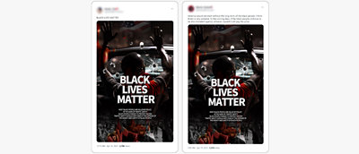 Vienas šalia kito rodomi įrašai socialiniuose tinkluose, kuriuose rodomi identiški „Black Lives Matter“ vaizdai.