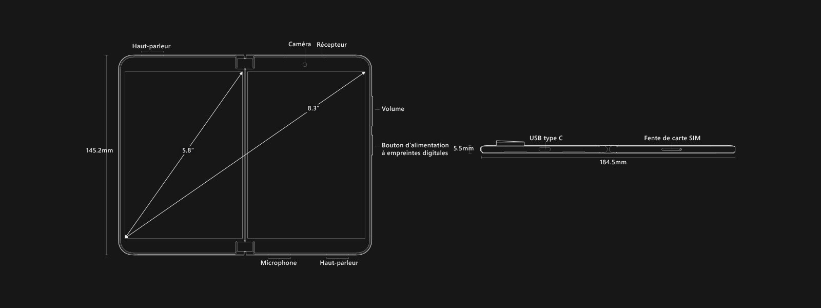 Schéma du Surface Duo 2 avec dimensions, ports, emplacement des boutons et bien plus encore.