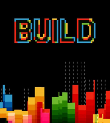 Pixel‑style word ‘BUILD’ in multicolored block letters on a black background.