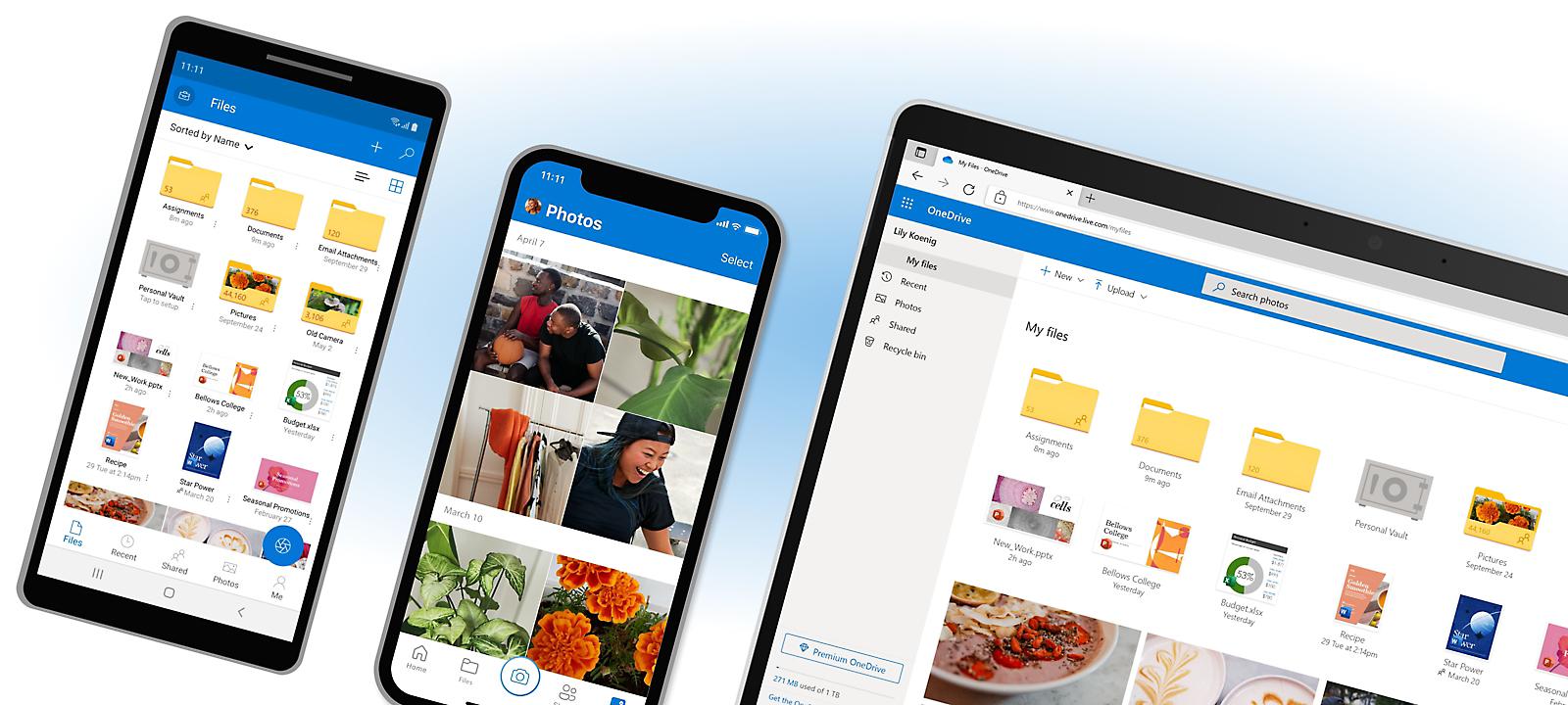 Two mobile phones and a desktop display showing files and photos saved in OneDrive organized by date and story. - Microsoft 365