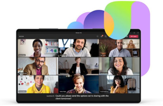 A Teams video call with 10 participants and live captions being used.
