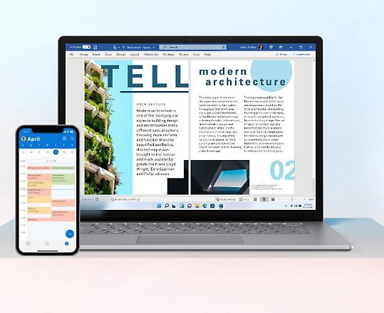 A mobile phone displaying appointments on a calendar and a laptop displaying a modern architecture document in Microsoft Word.