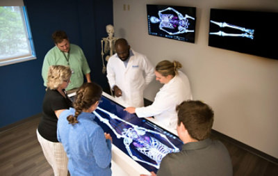 Medici che osservano una radiografia a grandezza naturale di uno scheletro umano.