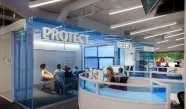 An office full of people working at desks and in conference rooms and the words Protect and Detect hung on the walls.